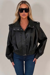 womens winter faux leather jacket funnel neck 