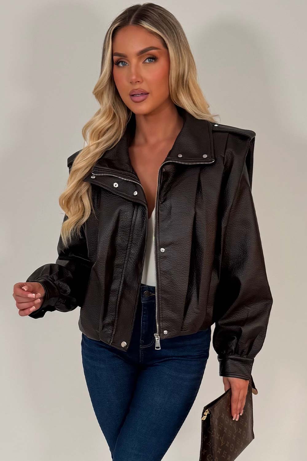 womens winter faux leather jacket brown