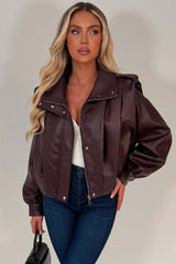 womens winter faux leather jacket funnel neck 
