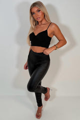 womens black faux leather tummy control leggings uk