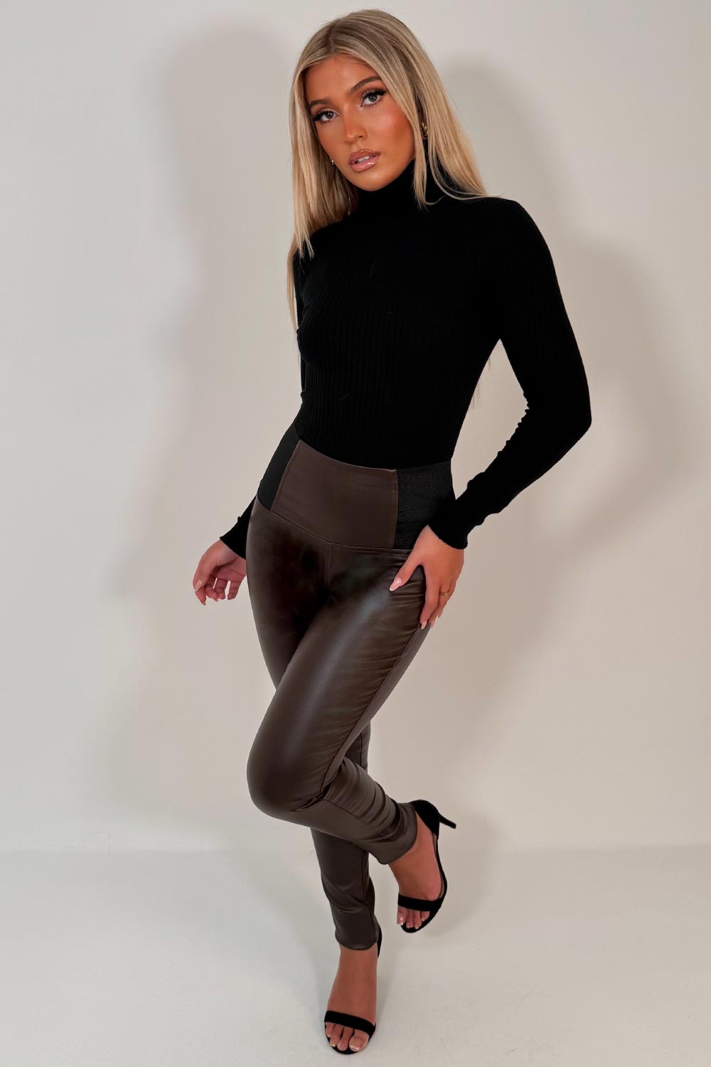 womens high waist faux leather contouring brown leggings tummy control shape wear uk styled up uk 