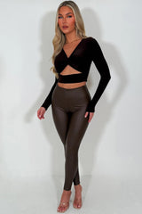 faux leather high waist leggings brown