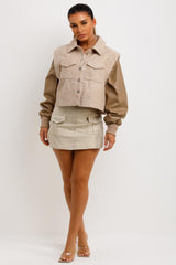 womens tweed crop jacket with faux leather sleeves