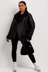 womens faux leather faux fur aviator jacket zara uk