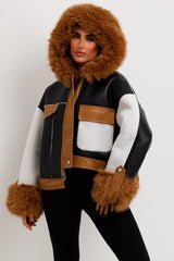 faux fur hood faux leather shearling jacket womens