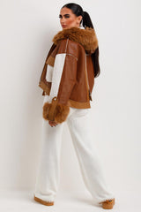 womens faux fur hood faux leather jacket with hood