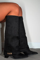 knee high gold buckle fold over shark boots black faux suede styledup uk