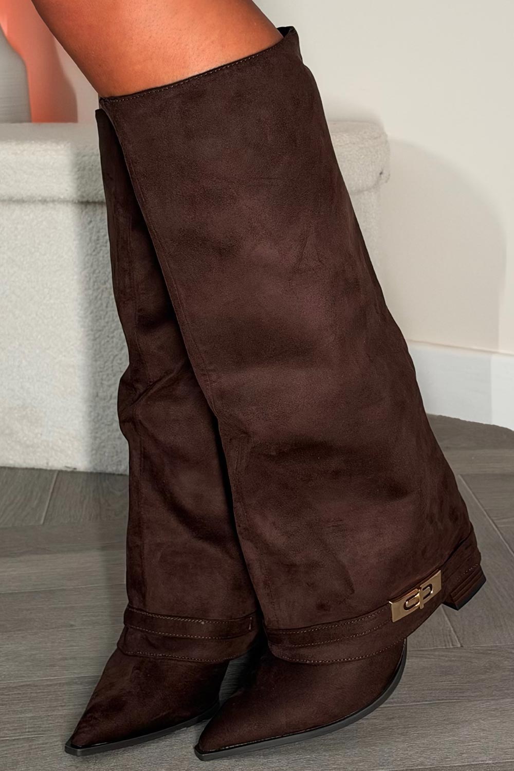 gold buckle knee high fold over shark boots styledup uk