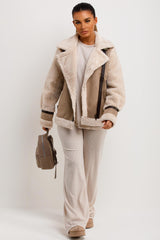 womens faux fur sleeve faux suede aviator jacket