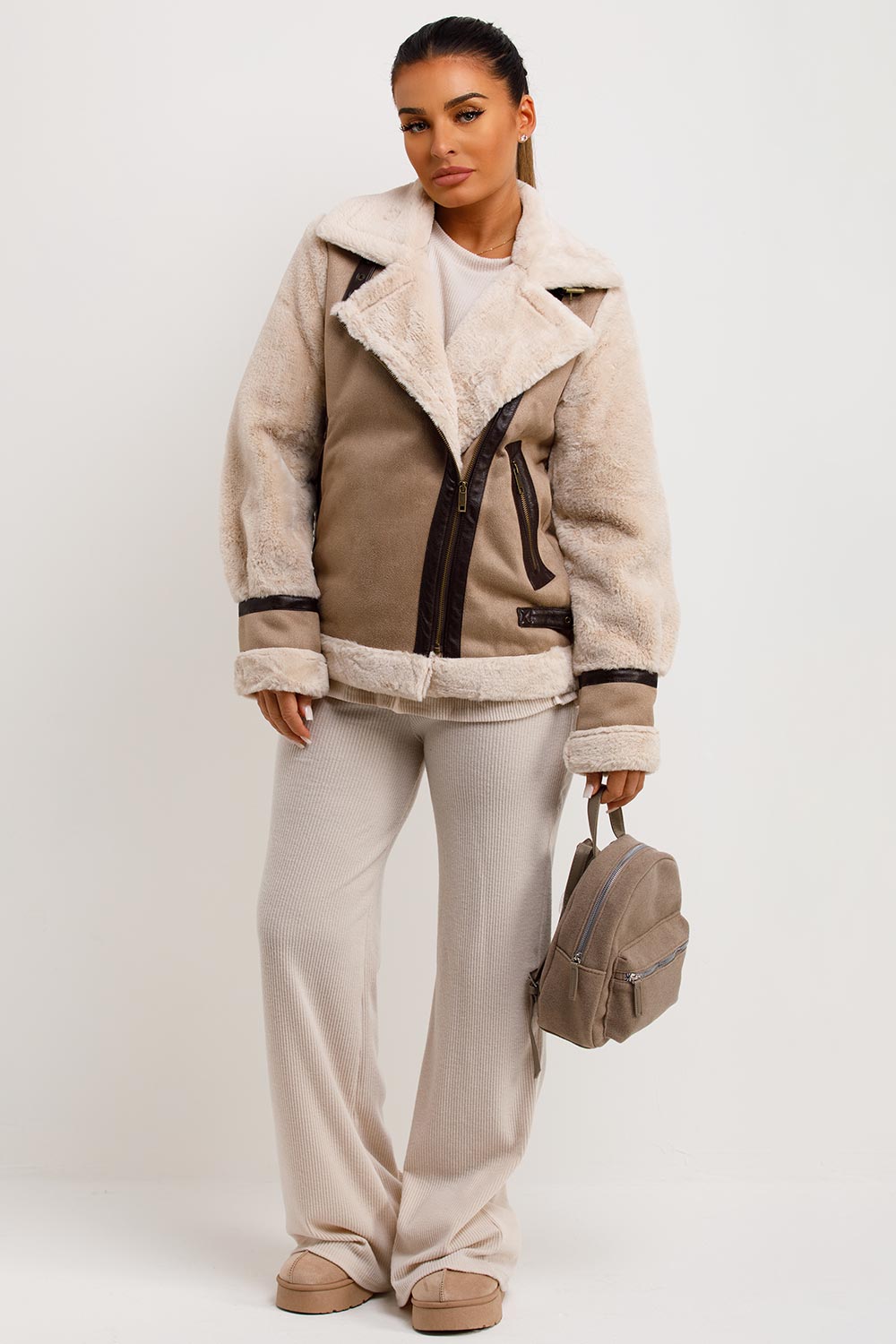 faux fur faux suede aviator jacket womens uk