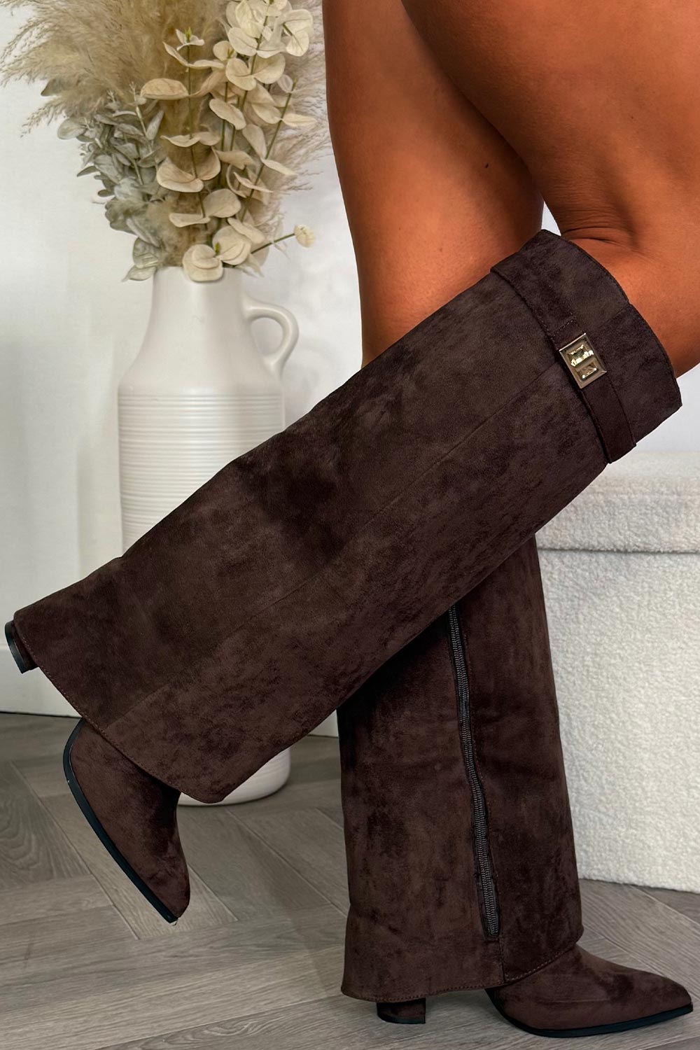 womens brown knee high fold over cowboy boots faux leather uk