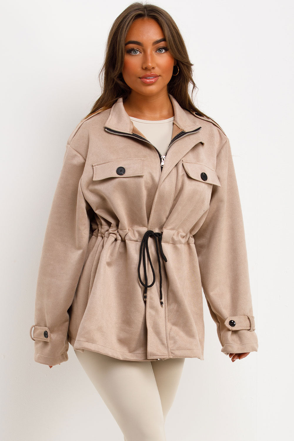 womens faux suede jacket with drawstring waist zara womens