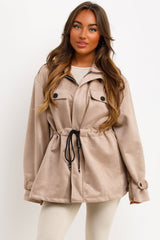 faux suede jacket with drawstring waist front pockets and high collar styledup 