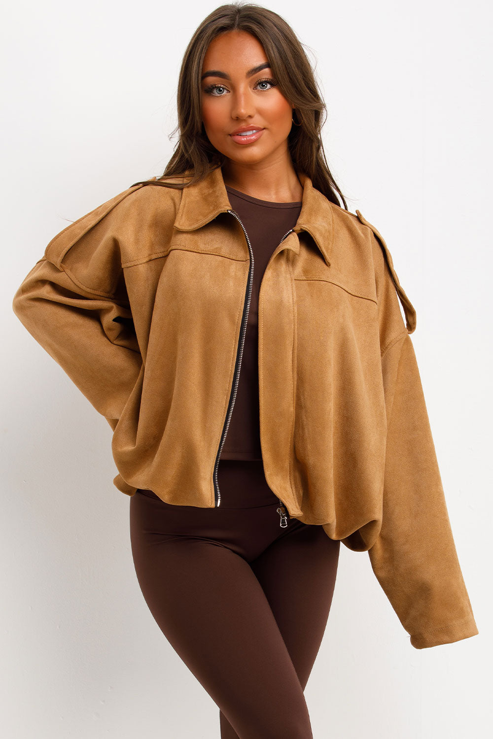 zara womens faux suede bomber jacket with shoulder tabs styledup