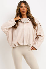womens faux suede bomber jacket with shoulder tabs styledup