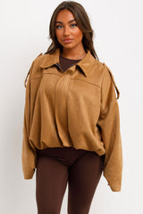 womens zara faux suede bomber jacket with shoulder tabs 