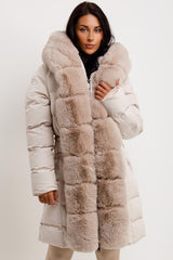 womens faux fur panel padded puffer hooded coat beige