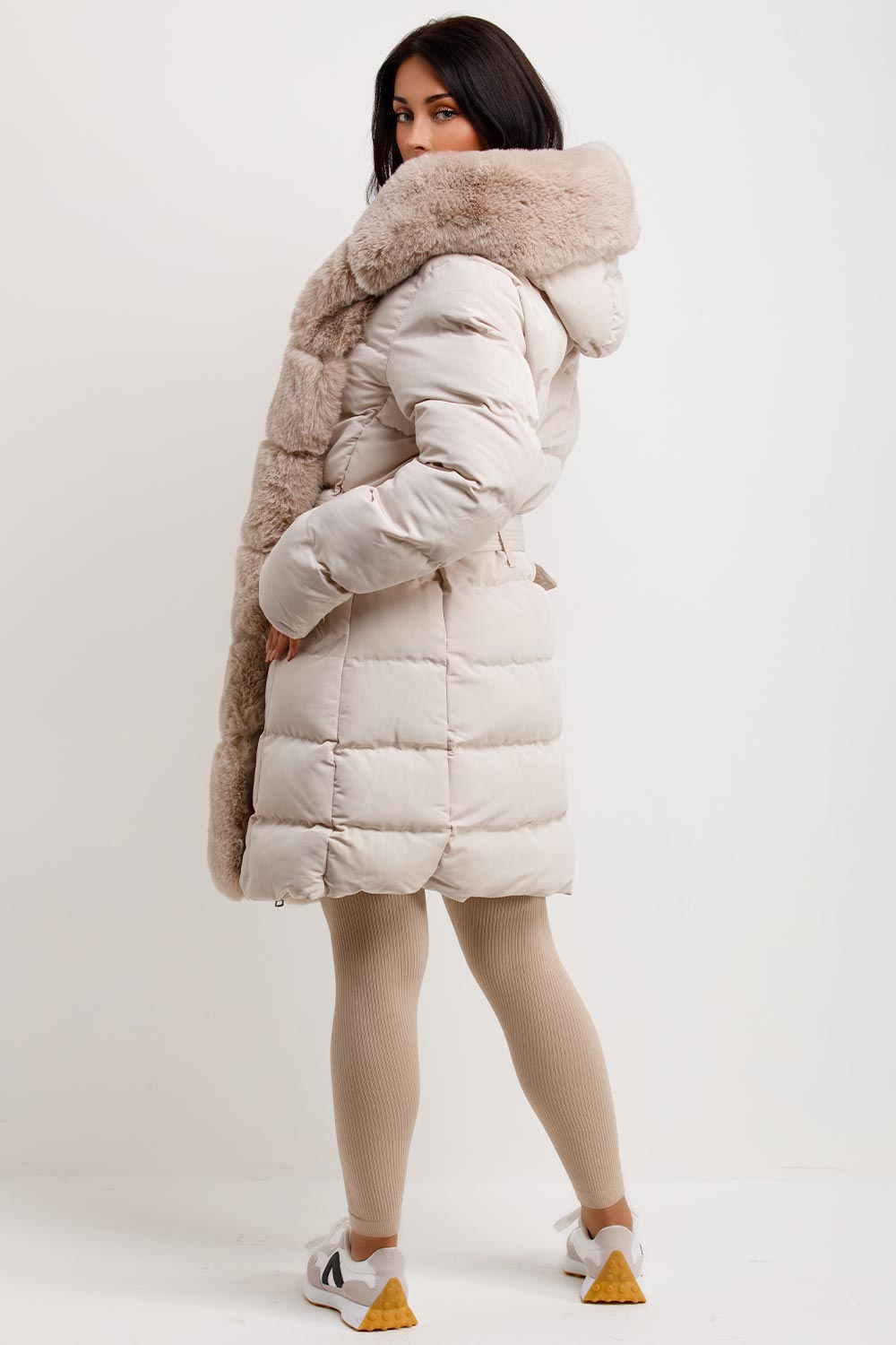 womens faux fur panel long padded puffer hooded coat