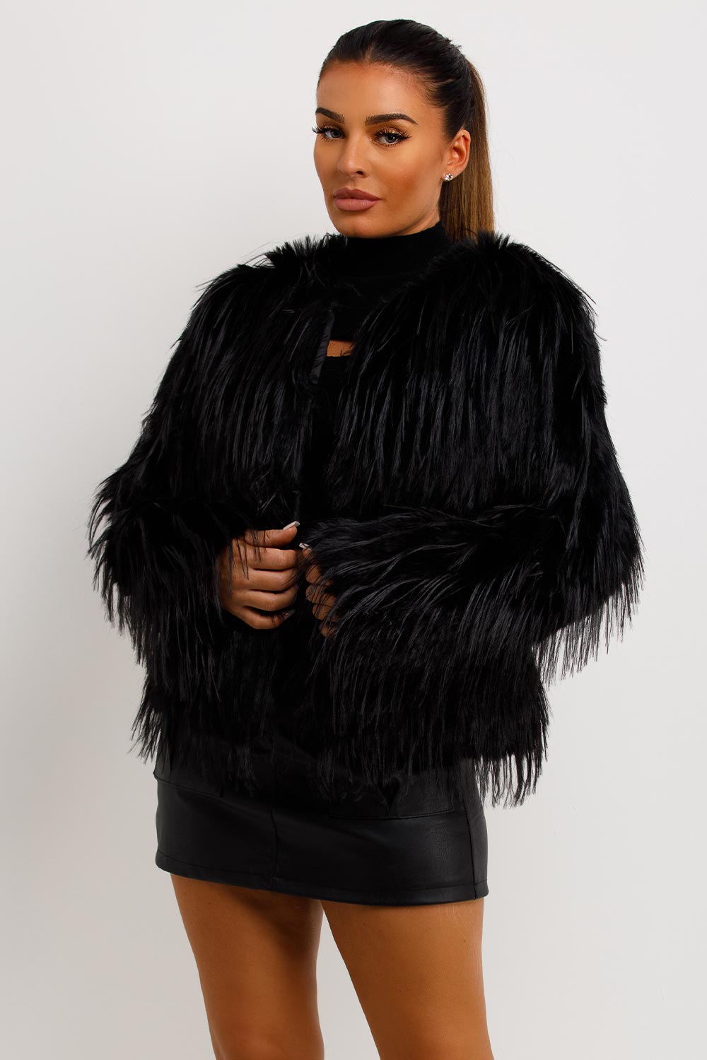 womens black shaggy fur jacket