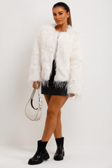 womens white shaggy faux fur jacket