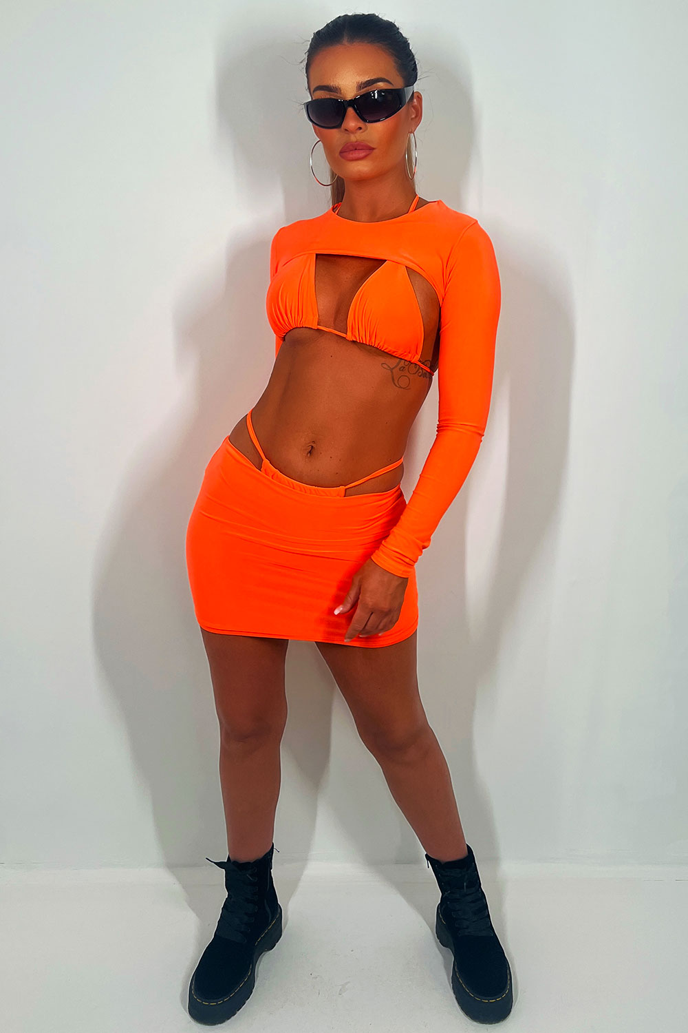 Festival Outfit Skirt Top And Bikini Set 4 Piece Neon Orange –