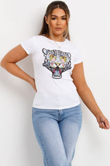 womens white t shirt with diamante detail tiger pearls 