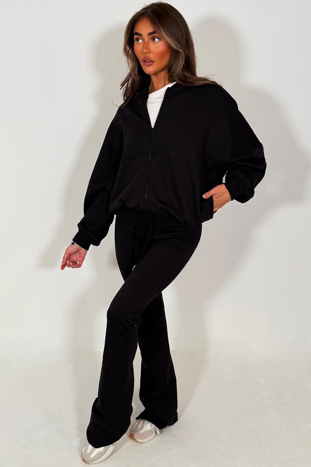 bomber sweatshirt and flare leg trouser tracksuit set black 