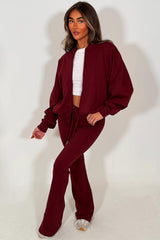 bell bottom flare trouser and bomber sweatshirt with zip tracksuit burgundy styledup womens