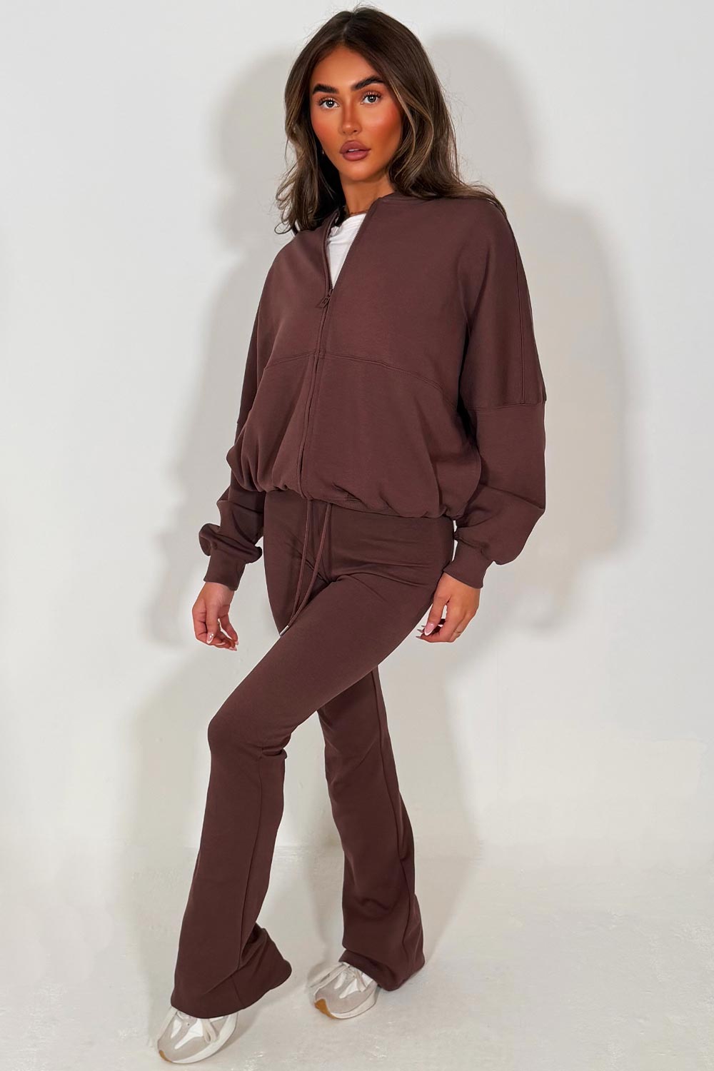zara womens bomber sweatshirt with zip and straight flare joggers brown tracksuit set