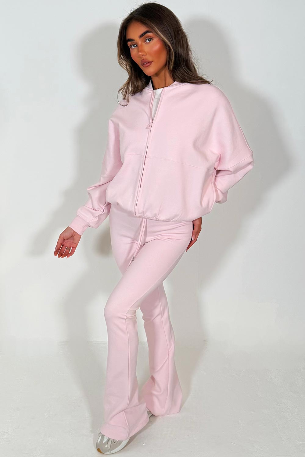 zara womens bomber sweatshirt with zip and straight flare joggers pink tracksuit set