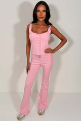 button up sleeveless top and trousers two piece co ord set pink styledup