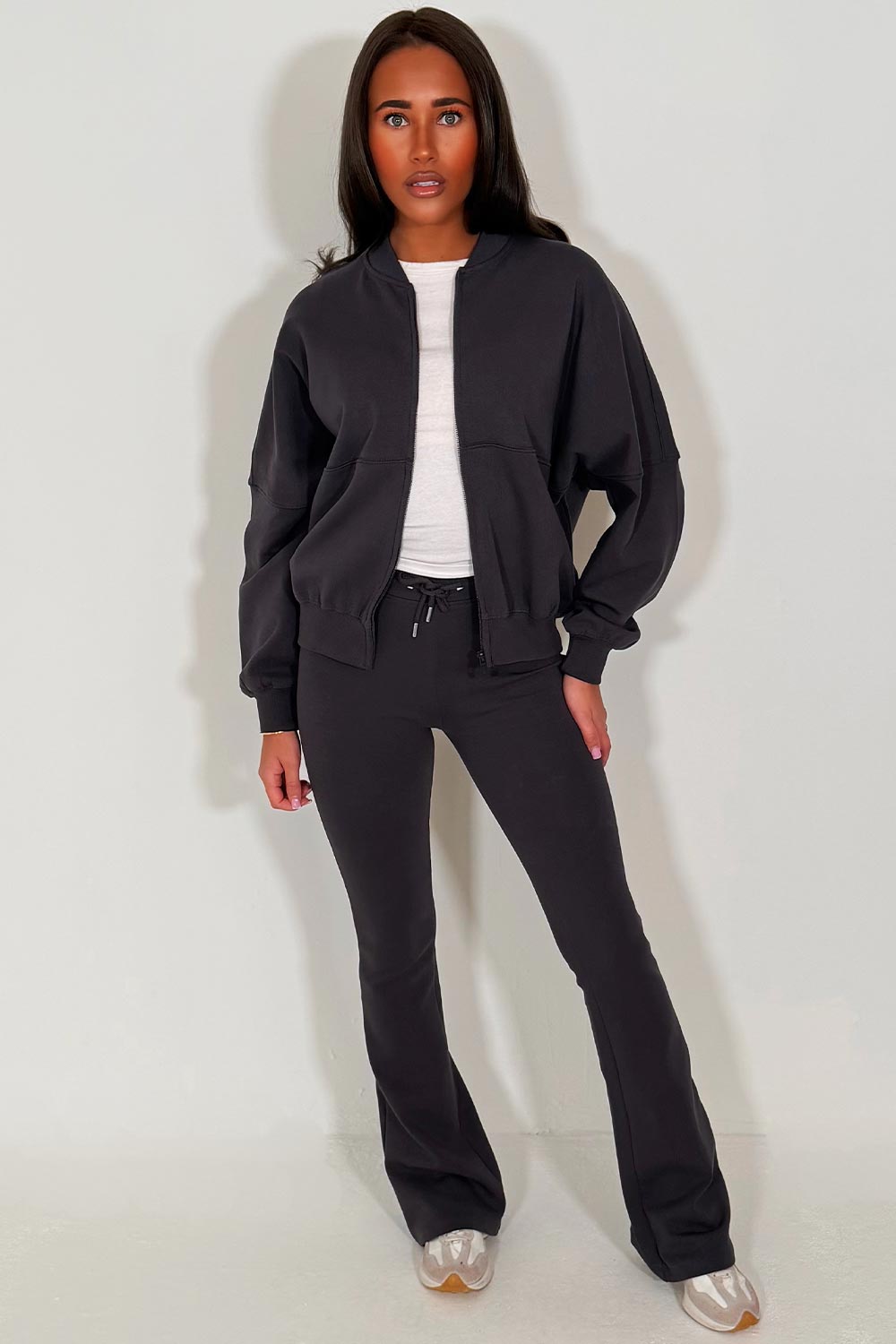 zara womens bell bottom trousers and bomber sweatshirt two piece loungewear set sale