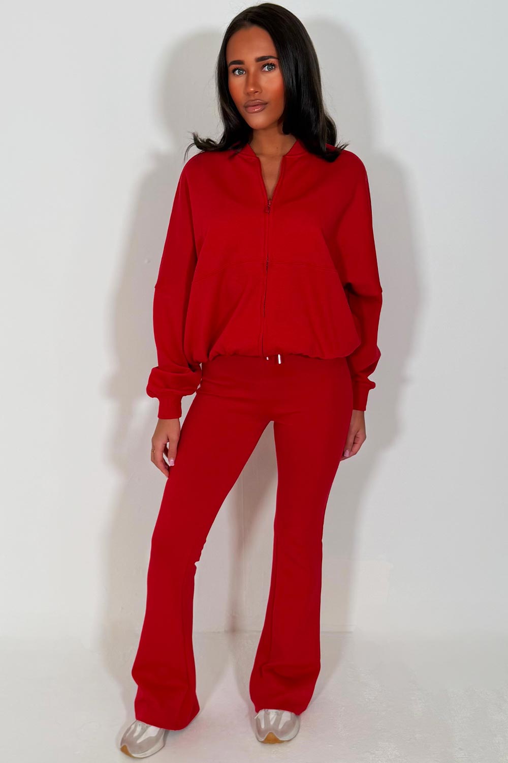 interlock bomber sweatshirt and bell bottom trousers two piece loungewear set zara womens uk