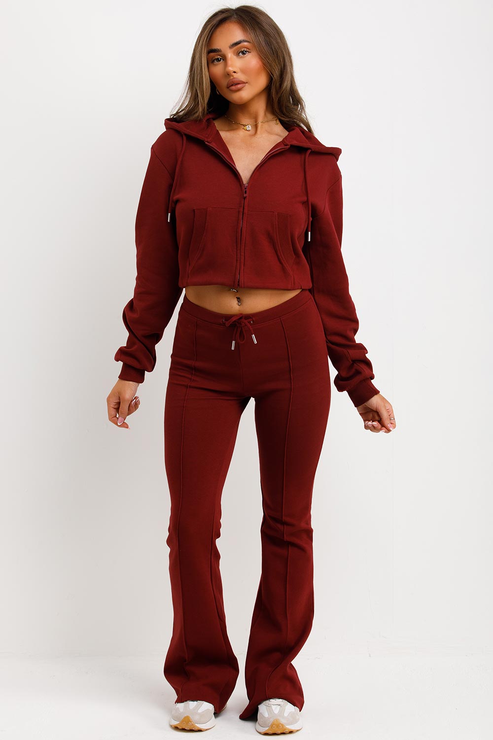 cropped bell bottom flare seam detail tracksuit burgundy styledup