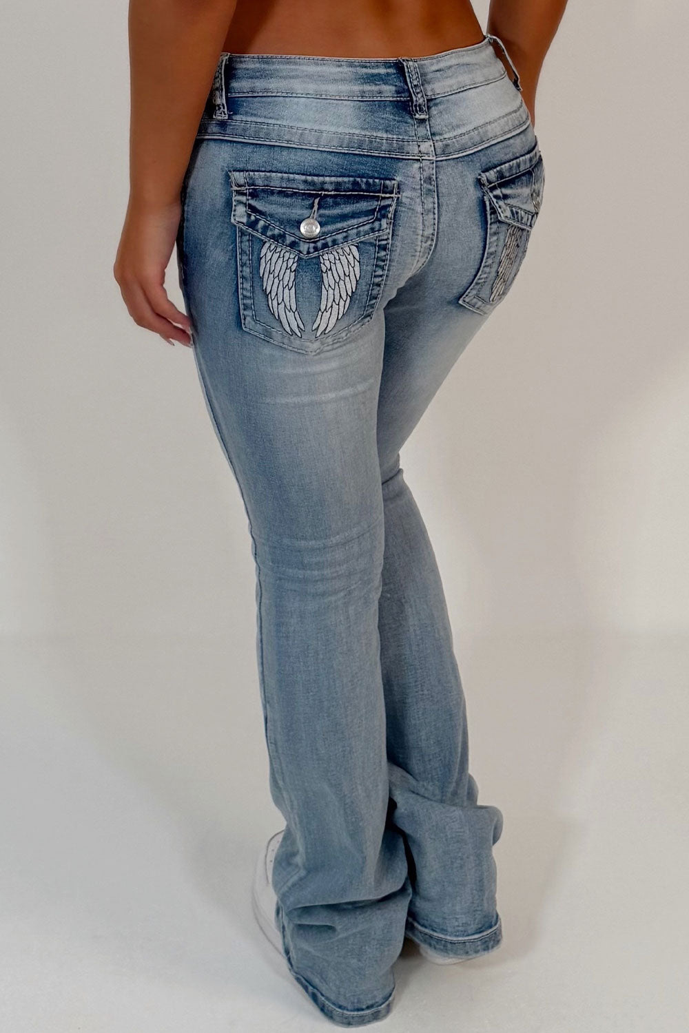 womens flared boot cut jeans with wings embroidery on back pockets styledup fashion