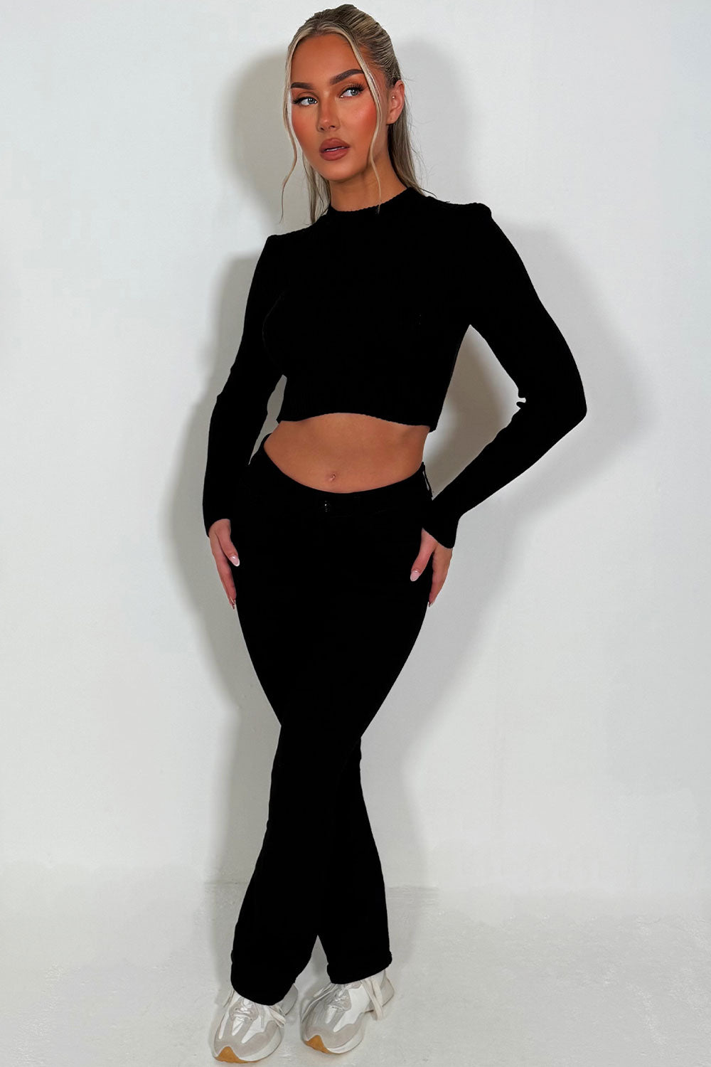 black denim flare jeans with pockets womens styledup