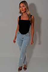 diamante rhinestone high waisted jeans denim blue womens uk