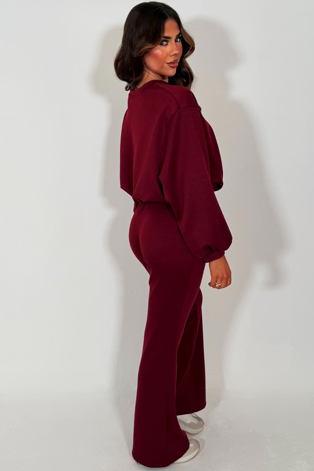 womens los angeles california slogan oversized crop sweatshirt and flare trouser two piece co ord set burgundy styledup 