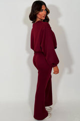 womens los angeles california slogan oversized crop sweatshirt and flare trouser two piece co ord set burgundy styledup 
