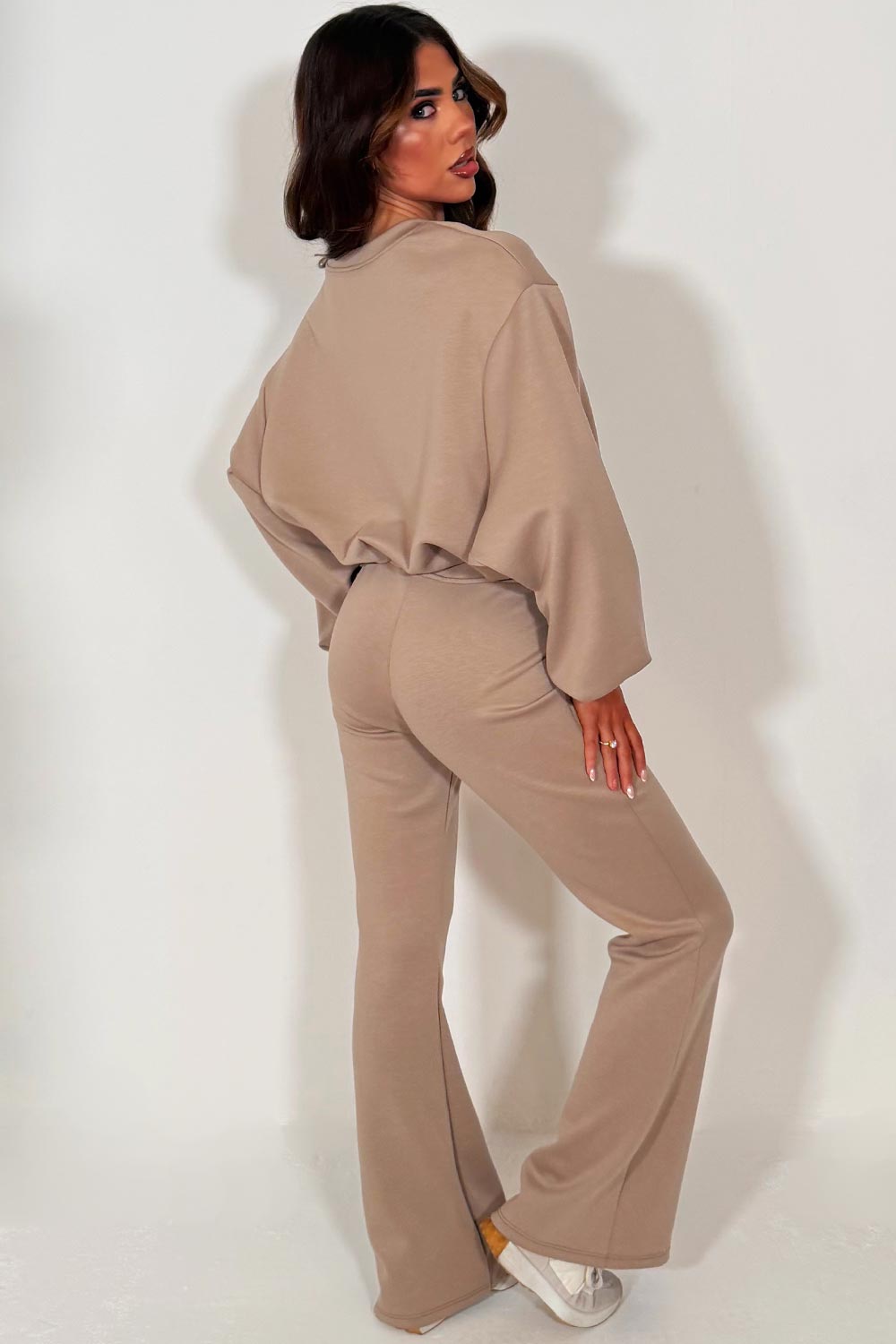 womens flare trouser and crop oversized sweatshirt loungewear set beige styledup 