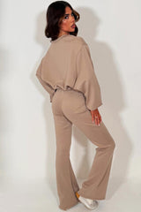 womens flare trouser and crop oversized sweatshirt loungewear set beige styledup 