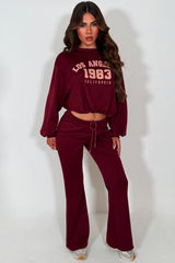 womens crop oversized sweatshirt and flare trouser two piece co ord set burgundy styledup 