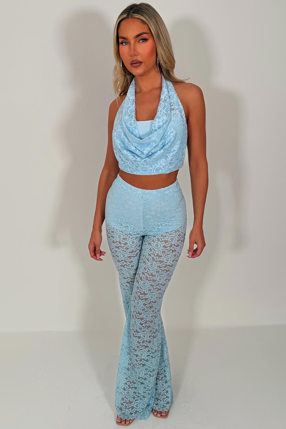high waist flared lace trousers sky blue