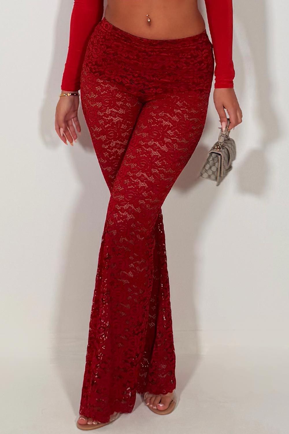 flared lace red trousers styledup fashion