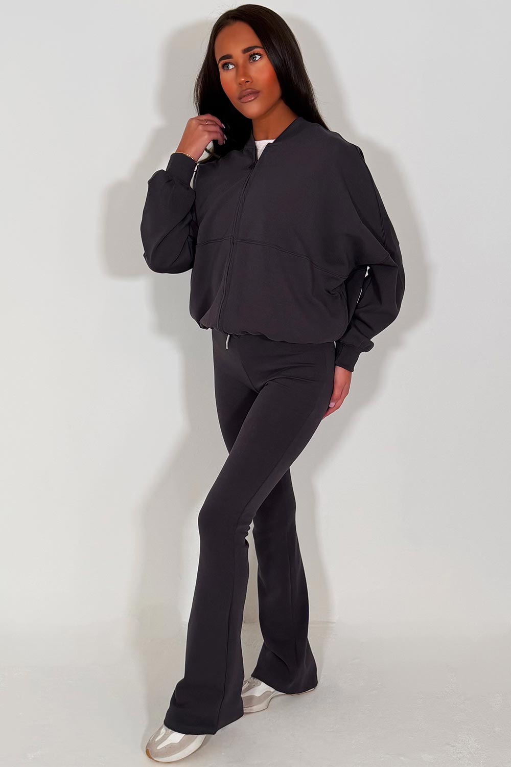 interlock bomber sweatshirt and bell bottom trousers two piece loungewear set zara womens uk