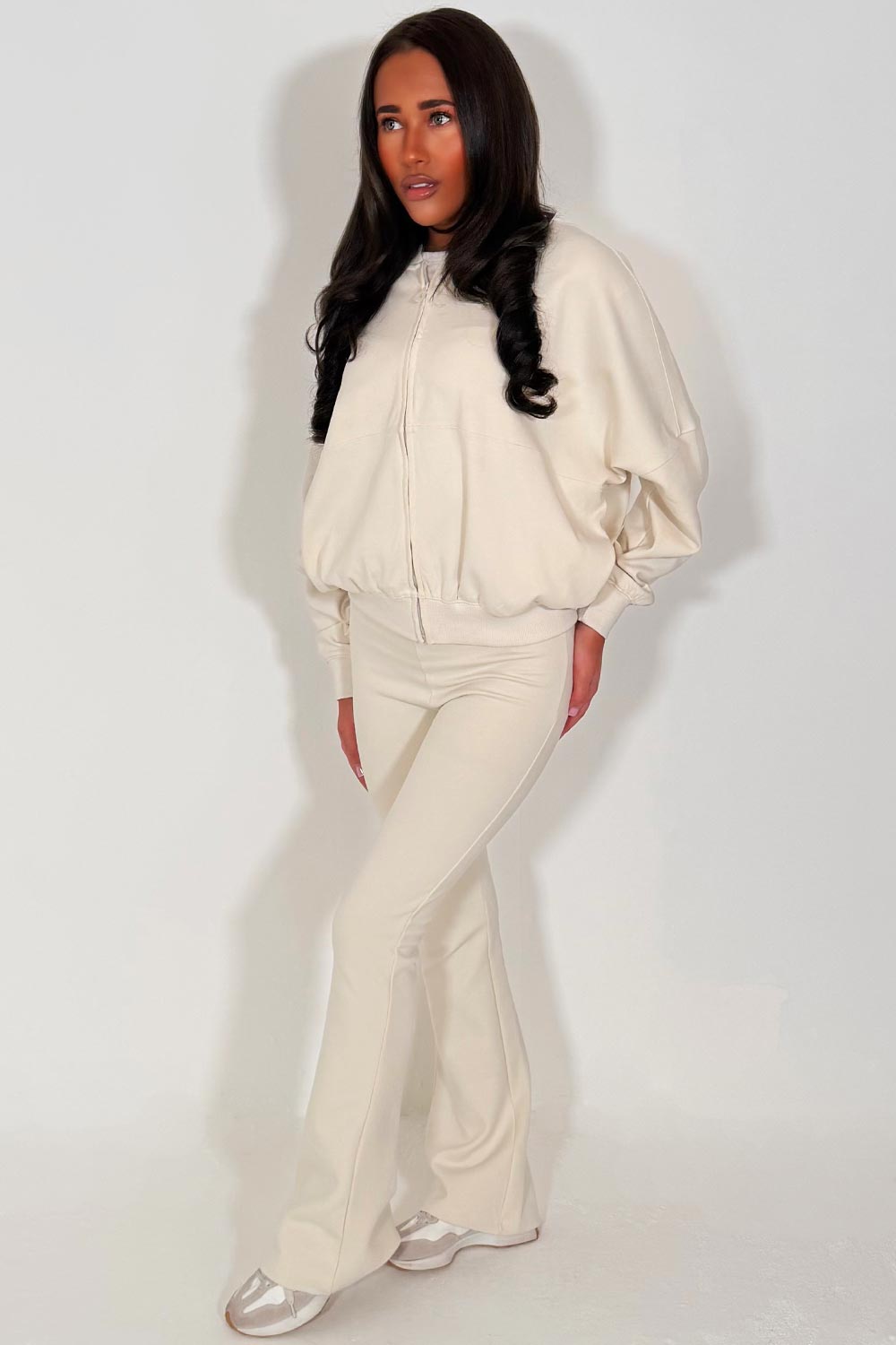 interlock bomber sweatshirt and bell bottom trousers two piece loungewear set zara womens uk