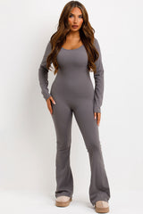 long sleeve skinny flare leg jumpsuit with scrunch bum booty lifting detail styledup