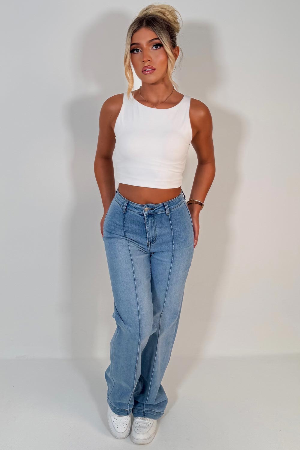 womens trendy straight leg denim jeans with seam detail on the front styledup uk