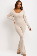 booty lifting scrunch bum long sleeve jumpsuit with skinny flare legs styledup