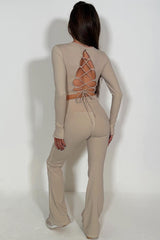 long sleeve backless crop top and skinny flare trousers lounge set styledup 